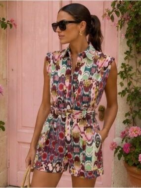 Maria Cher Olite Ursula Romper Belted Ikat Print Luxury Cotton Size S 4-6